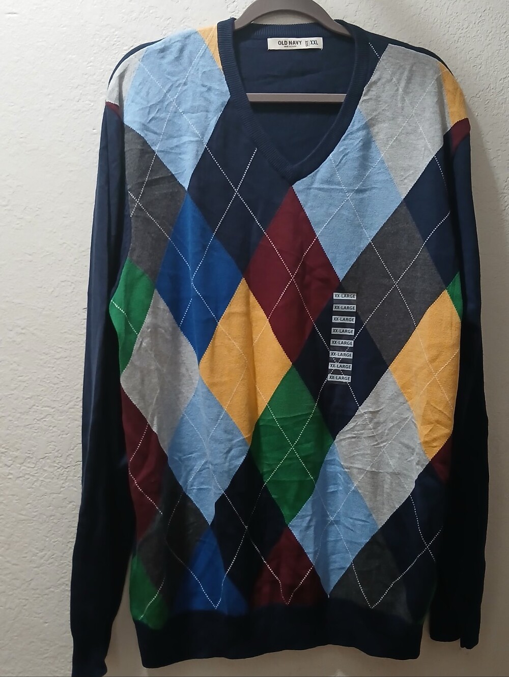 New Old Navy Xxl Men’s Navy Argyle V-Neck Sweater - Multi-Color Diamond Pattern